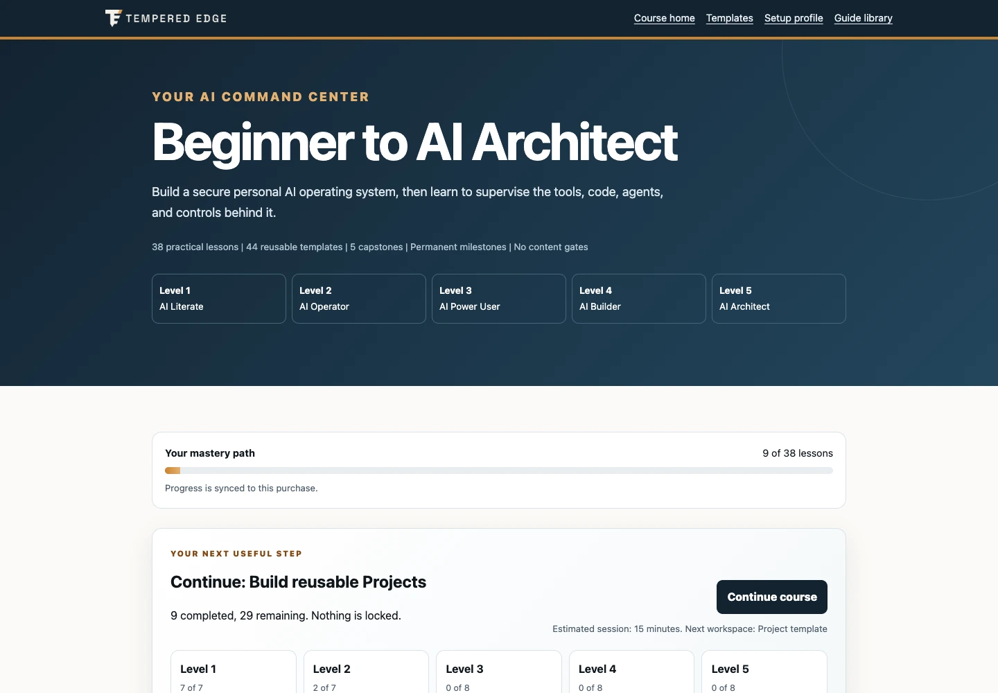 The AI Command Center showing the five course levels, progress, and the next useful step