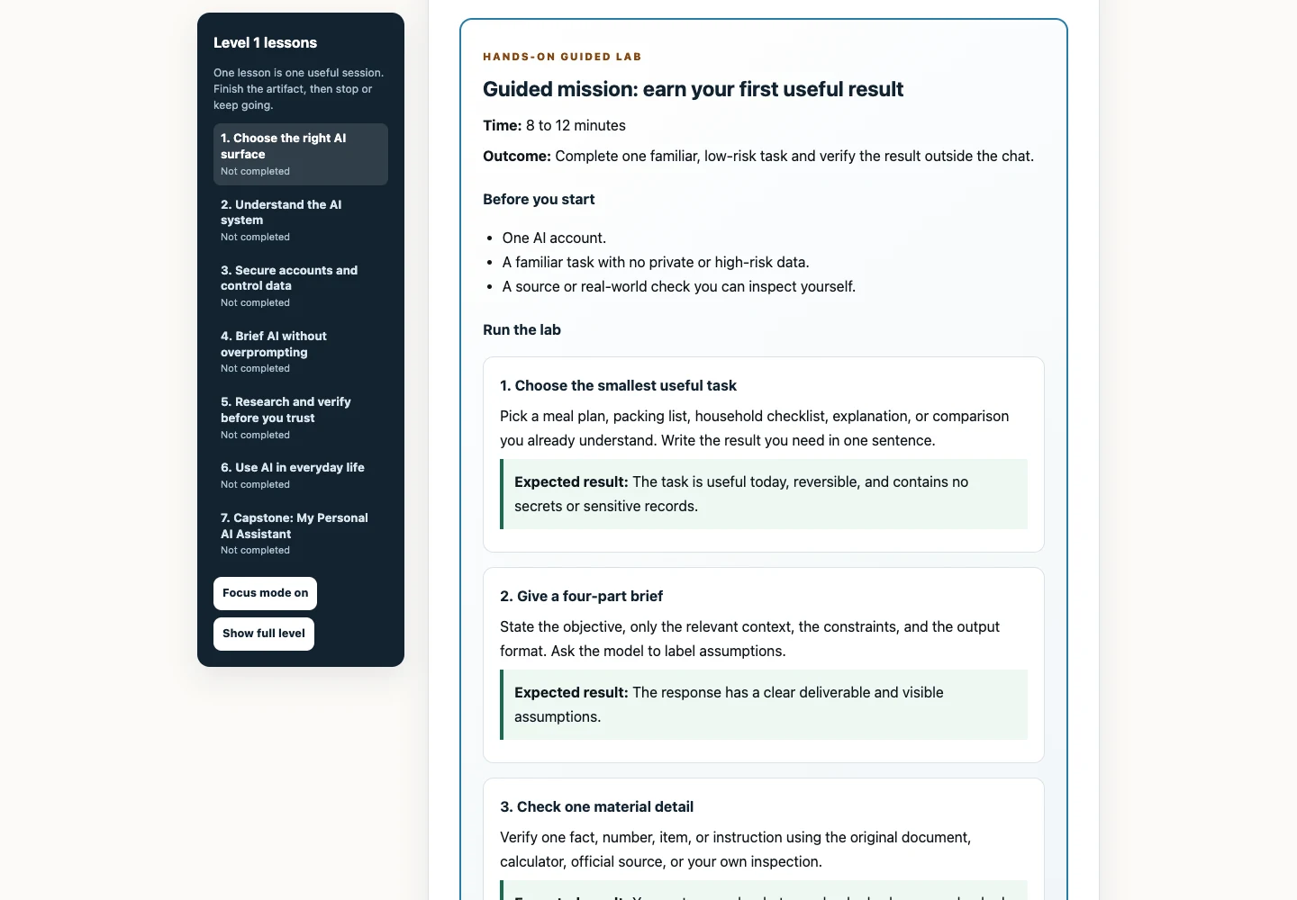 A guided first-win mission with prerequisites, steps, and expected results