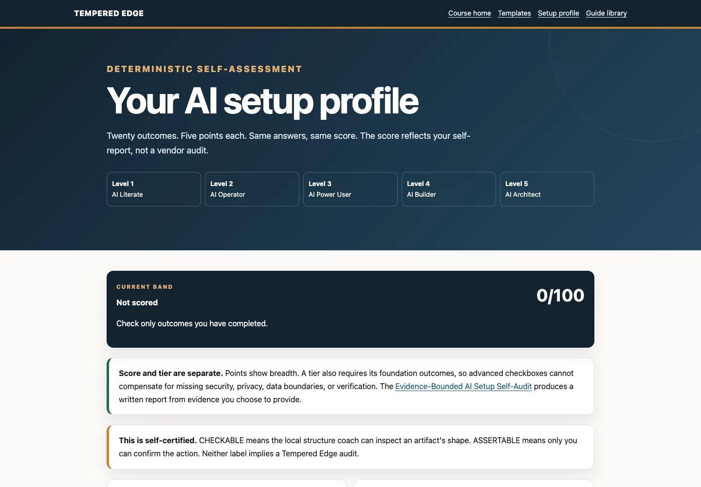 The private 100-point AI setup profile with prerequisite-based achievement bands